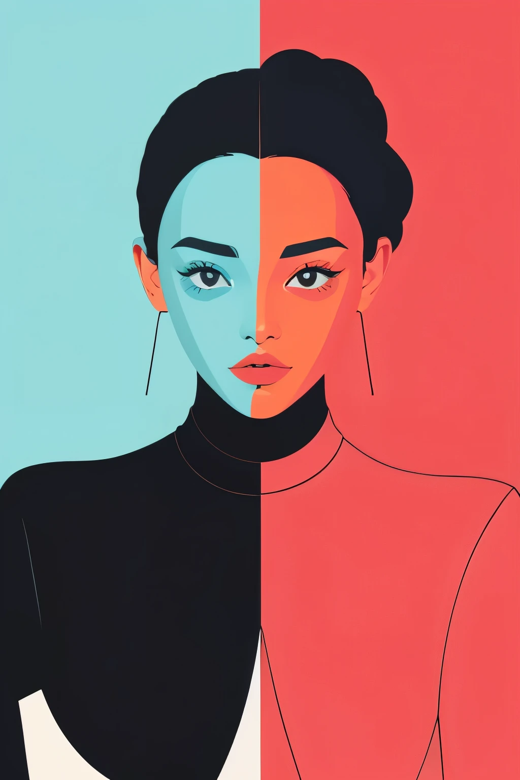 absurd, high quality, very detailed, (1 woman:1.3), cute rest
, color blocking, bold contrast, geometric shapes, Flat color, Minimalist design, Contemporary Aesthetics, striking visual