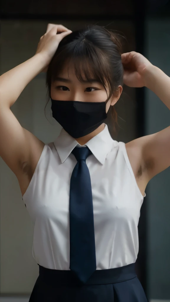 asian girl, white formal collared sleeveless shirt, hands up