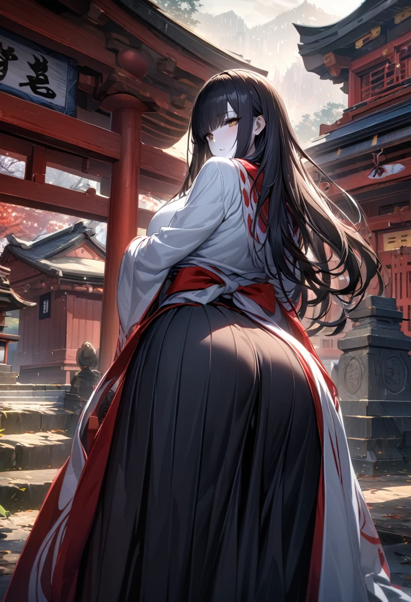 best quality, masterpiece, Extremely detailed CG, Extremely detailed 8k wallpaper, permanent, HDR ,1 Girl, Solitary, outdoor, Japanese Shrines, Shrine maiden, Solitary, long hair, Black Hair, Straight Hair, The bangs covering the eyes are slightly red, Intricate details, Ultra Detailed, beautiful fingers, Beautiful nose, Beautiful character design, Perfect face, For the audience, Huge breasts, Slim waist, Put your arms at your sides, White skin, Hair covering eyes, golden brown eyes，tall，Bottom-up perspective