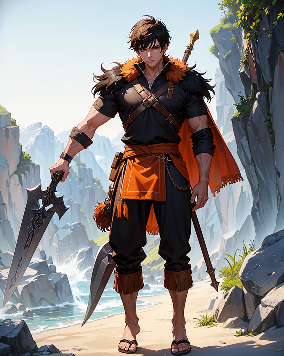Youth with short black hair and brown eyes, fair skin and clean-shaven, dressed in short orange medieval barbarian fur tunic and trousers, weilding giant axe, sandals; fullbody; short hair, masculine, athletic