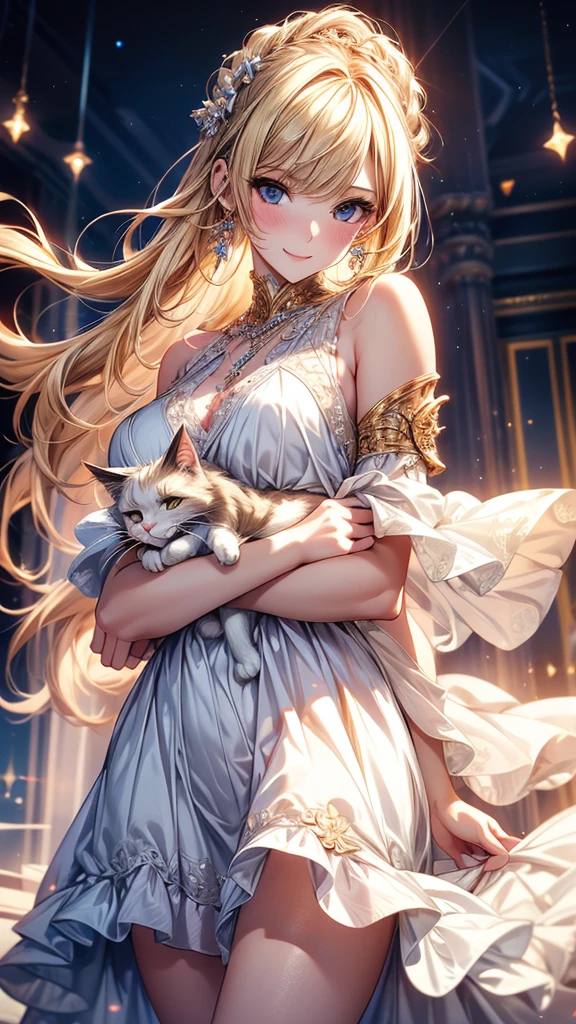 Highly Detailed CG Unity 8K Wallpaper, pretty girl, Mature blonde girl, Half Up,beautiful girl, Hot Maiden, Pale skin (super masterpiece, Fantasy art with intricate detail:1.5,Beautiful person, Well detailed face polluted smile, Her flat chest is completely hidden by her dress、Realistic, Surreal), Pray to the stars,A girl holding a cute white cat in her arms