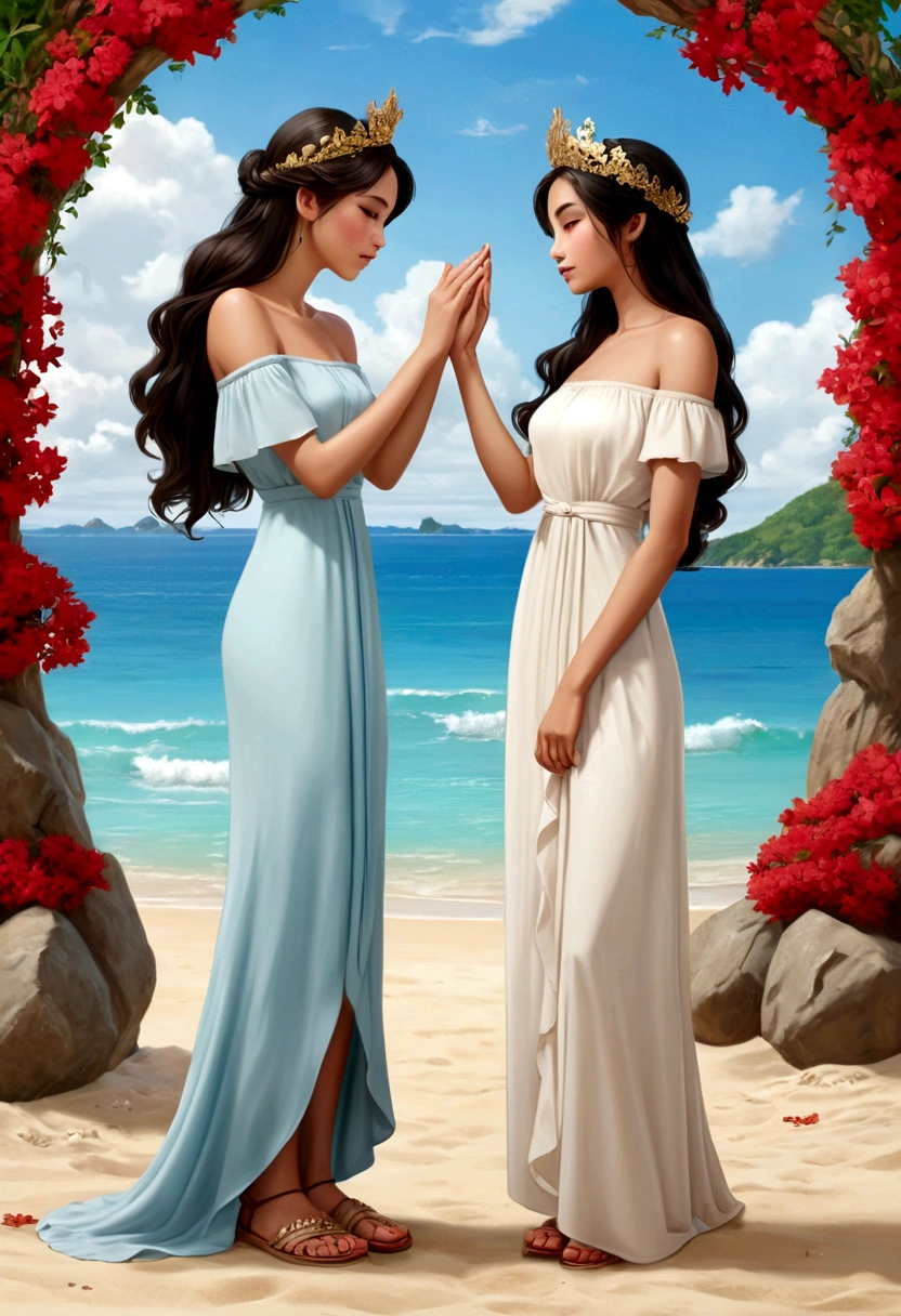 name "The Loyal Pin (Sarocha Chankimha & Rebeca Armstrong) in an elegant and dynamic 3D metallic gold font and create an idyllic anime illustration style image of two beautiful women in love on a beach, one is a beautiful British woman with semi-long hair light brown color and is dressed in a simple long light blue dress and is wearing simple light sandals and is delicately kissing the hand of the other beautiful woman with delicate Thai features, dark hair tied in a braid, carrying in her She wears a delicate crown of red flowers on her head and is dressed in a simple, loose, long, off-the-shoulder white dress with a small ruffle at the edge. She is wearing low sandals and is looking at the other woman with adoration and tenderness. The atmosphere exudes intimacy and a lot of love. between them.
At the bottom of the image it reads "@SusyFandi"