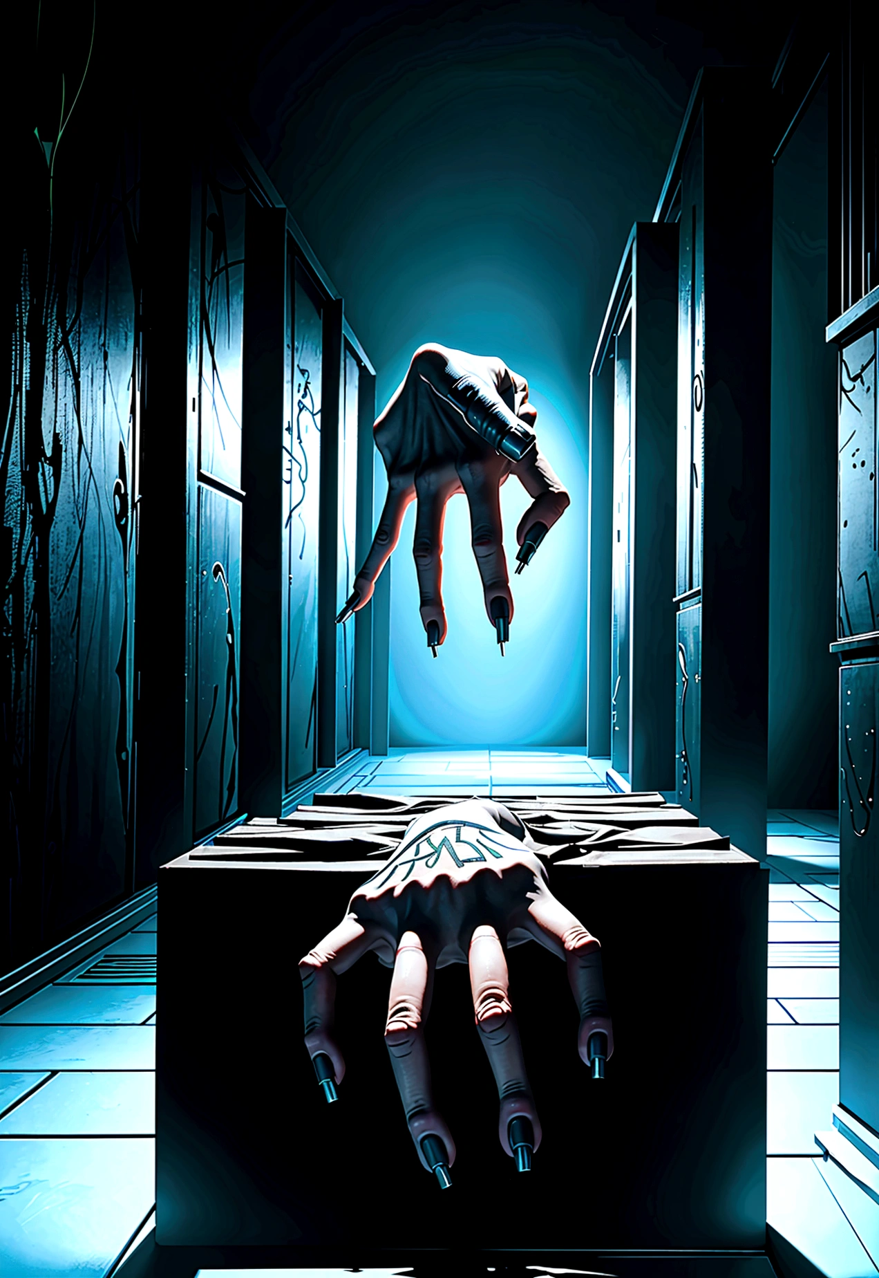 an image of a dark hallway with many hands reaching out to each other in it, six from little nightmares, little nightmares, still from animated horror movie, indie video game horror, [ horror game ], hyperrealistic nightmare scene, hand of fear, horror game, highly detailed horror dystopian, horror video game, screenshot from the game, creepy and dramatic atmosphere, light instead of hands, silent hill game, highly detailed horror, animated film still, horror game graphics, mechanical hands, illustration