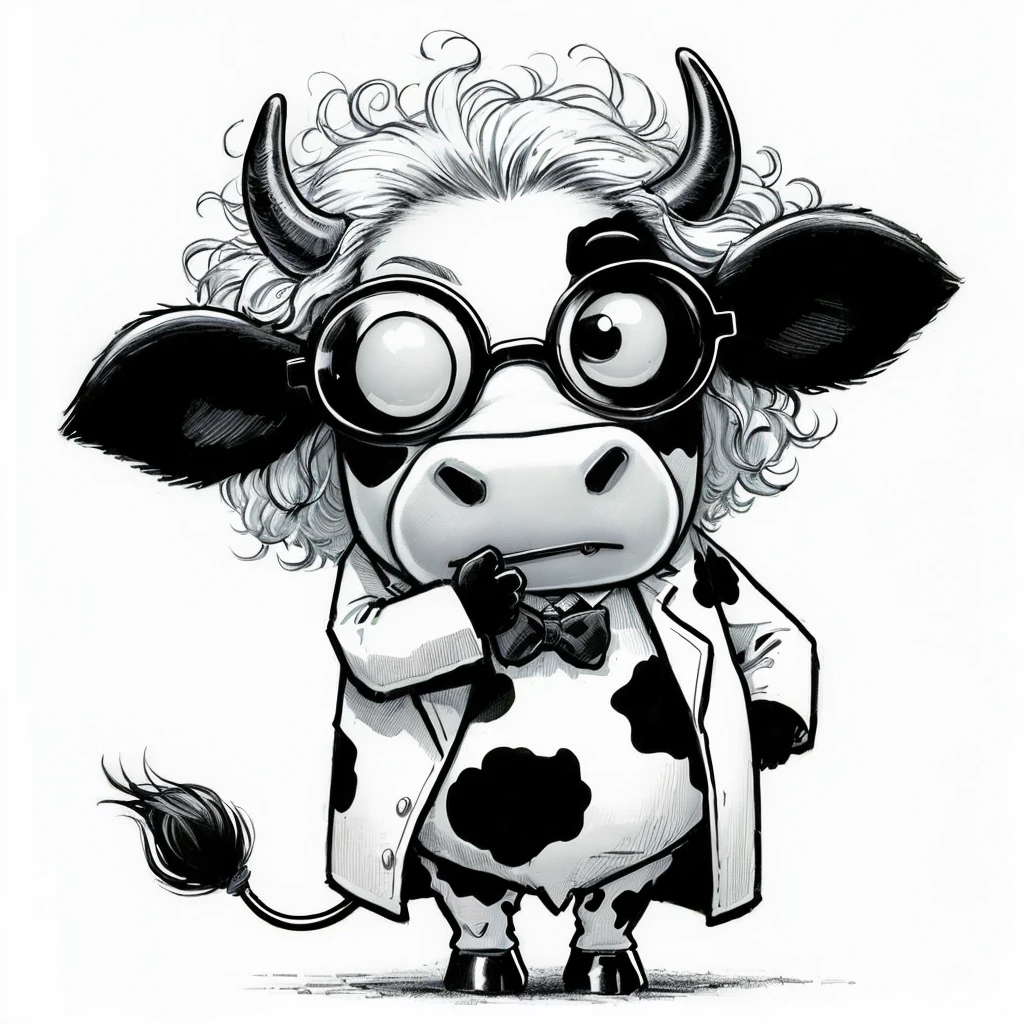cartoon cow wearing glasses and a coat with a bow tie, cow, bovine, hd illustration, by Steve Prescott, fantastic ,Kids' animal cow Einstein , Einstein characteristics. Think bushy eyebrows, thick mustache, crazy hair, mikecow, by Albert Einstein, black and white vector art, mcbess illustration, mcbess, by Tadeusz Pruszkówski, by Adam Marczyński, official illustration