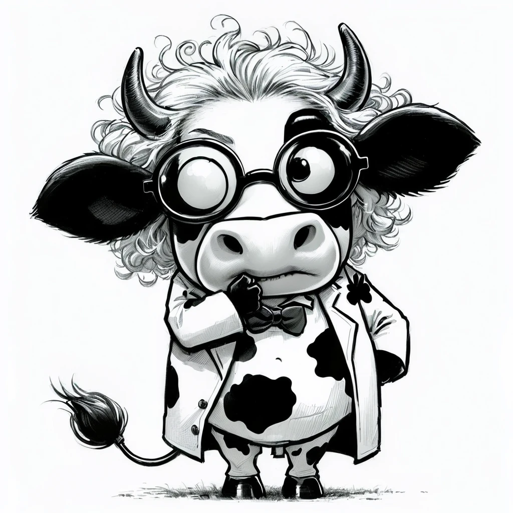 cartoon cow wearing glasses and a coat with a bow tie, cow, bovine, hd illustration, by Steve Prescott, fantastic ,Kids' animal cow Einstein , Einstein characteristics. Think bushy eyebrows, thick mustache, crazy hair, mikecow, by Albert Einstein, black and white vector art, mcbess illustration, mcbess, by Tadeusz Pruszkówski, by Adam Marczyński, official illustration