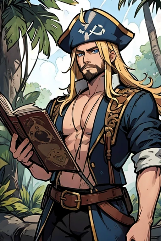 A muscular blonde haired male pirate with blue eyes and long hair and a dark beard in a pirate's outfit is reading a map in a tropical jungle