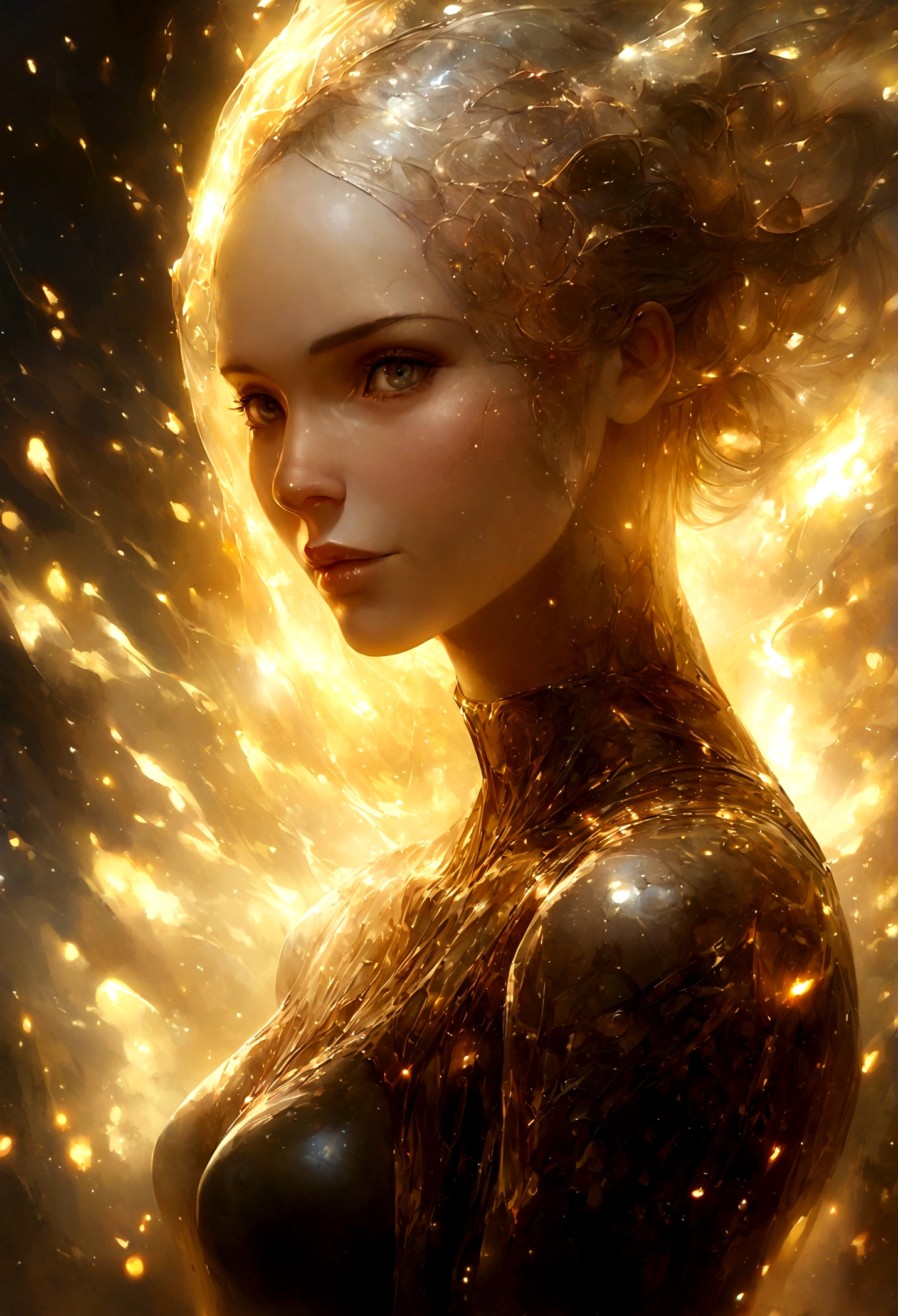 Fancher, Appearing in the world of science fiction、A translucent, ethereal alien with delicate features, Shining from the inside, Sparks and Light, twor, two, close, Realistic, Very detailed, Complex