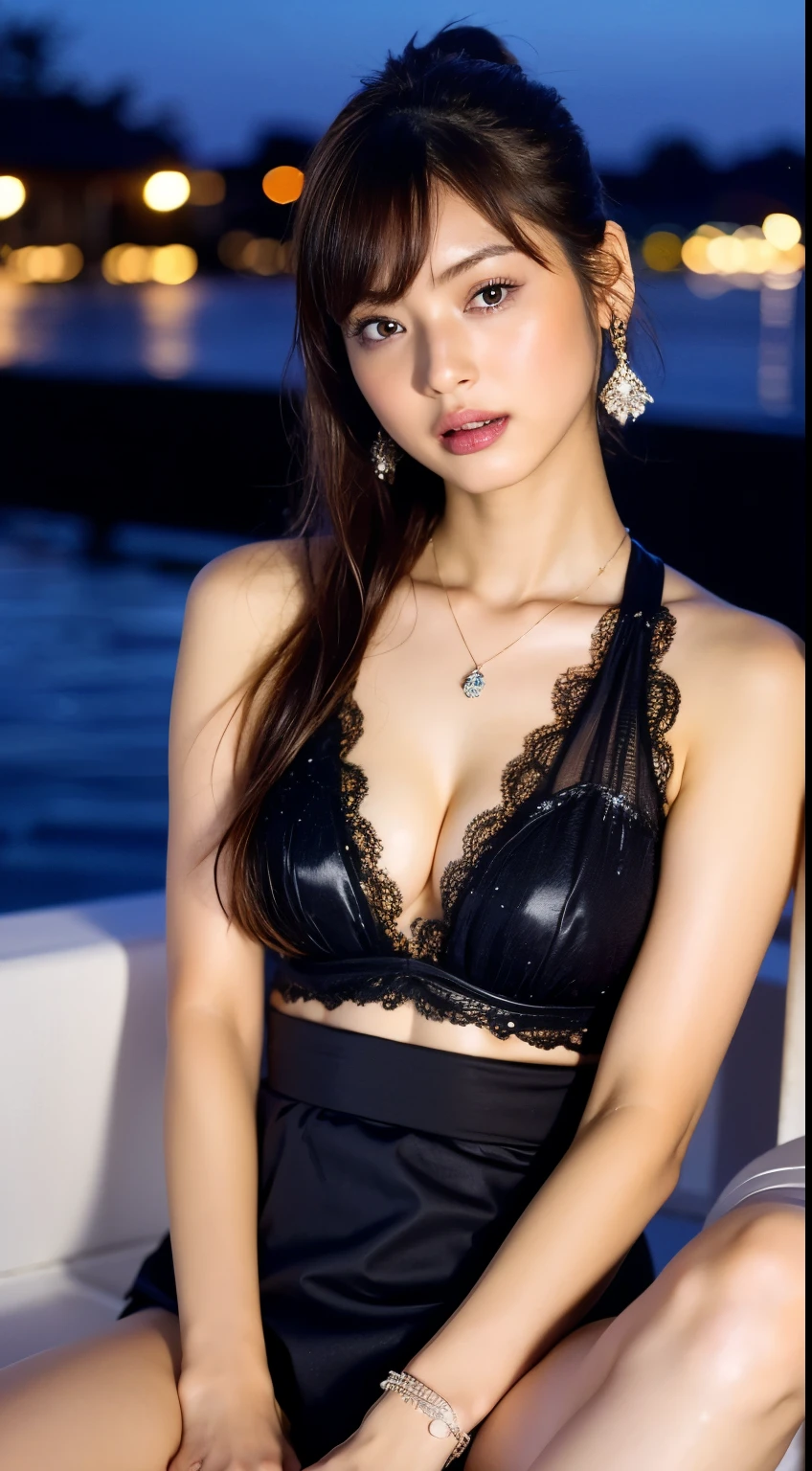 Skinny Japanese woman, 30th generation, One Girl,
(Wearing a sleeveless glittery evening dress:1.2),
((short, See-through skirt, She spreads her legs and touches her panties:1.5)),
(RAW Photos, highest quality), (Realistic, photo-Realistic:1.4), masterpiece, Very delicate and beautiful, Very detailed, 2k wallpaper, wonderful, In detail, Very detailedな, High resolution, Soft Light, Beautiful detailed girl, Very detailed eyes and face, Beautiful and detailed nose, Beautiful details,Cinema Lighting,((City lights at night)),Perfect Anatomy,smile,
Narrow shoulders, Beautiful clavicle, thin arms, length, Thin legs, Small Ass, No bra,
Slim figure, The beauty of slim abs :1.2, thin waist :1.2, thin thighs :1.2,
Very fine eye, Long, narrow eyes, Brown eyes, double eyelid, Extremely fine eyebrows, thin, Long eyelashes, Watery eye,
Ultra-detailed lips, Plump and moisturized lips, Glossy pink lips, Blushed, ((White beautiful teeth)),
Beautiful actress'Fatigue Make-up, Brightly colored moisturizing lipstick,
Dark brown hair, Delicate and soft hair, Hair blowing in the wind,
(Put your hair up, Medium Short Hair, ponytail:1.2),
Layered Cut, (Blunt bangs:1.2),
可愛いsmile, Please open your mouth a little, Dreamy look, ((Staring at the viewer)),
(((Photorealism))),((The body is facing the viewer)),
Dynamic Lighting,
Beautiful fashion accessories(((High detail,High detail,masterpiece,Simple and elegant ornaments,necklace,bracelet, ring, Earrings,))),
((Lift your face a little)),
((Squint your eyes)),
((Pursing your lips:1.2)),
((Blushing)),
((The cleavage is fluffy)),
((Flat Chest)),