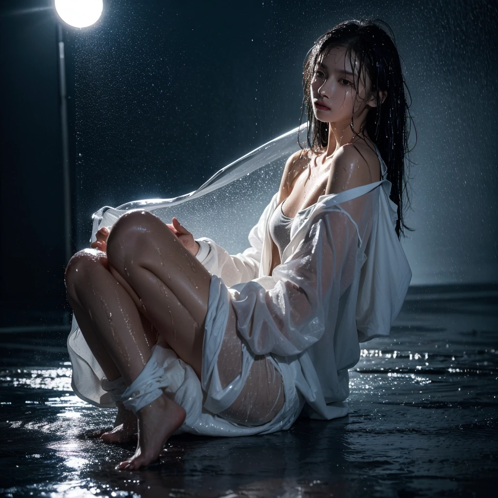 long shoot portrait, photo full body, Best picture quality, ultra high resolution, (fidelity :1.4), photography the man in front of the man held the hand of the woman behind him,(happyness), white shirt, Dim, dark, (night), (Wet clothes:1.4), looking the camera, perfect faces, bare shoulders, Real rain, wet hair, cinematic, god rays, ray tracing, reflection light, Expressionism, Realism, masterpiece, highres, 16k, textured skin, anatomically correct