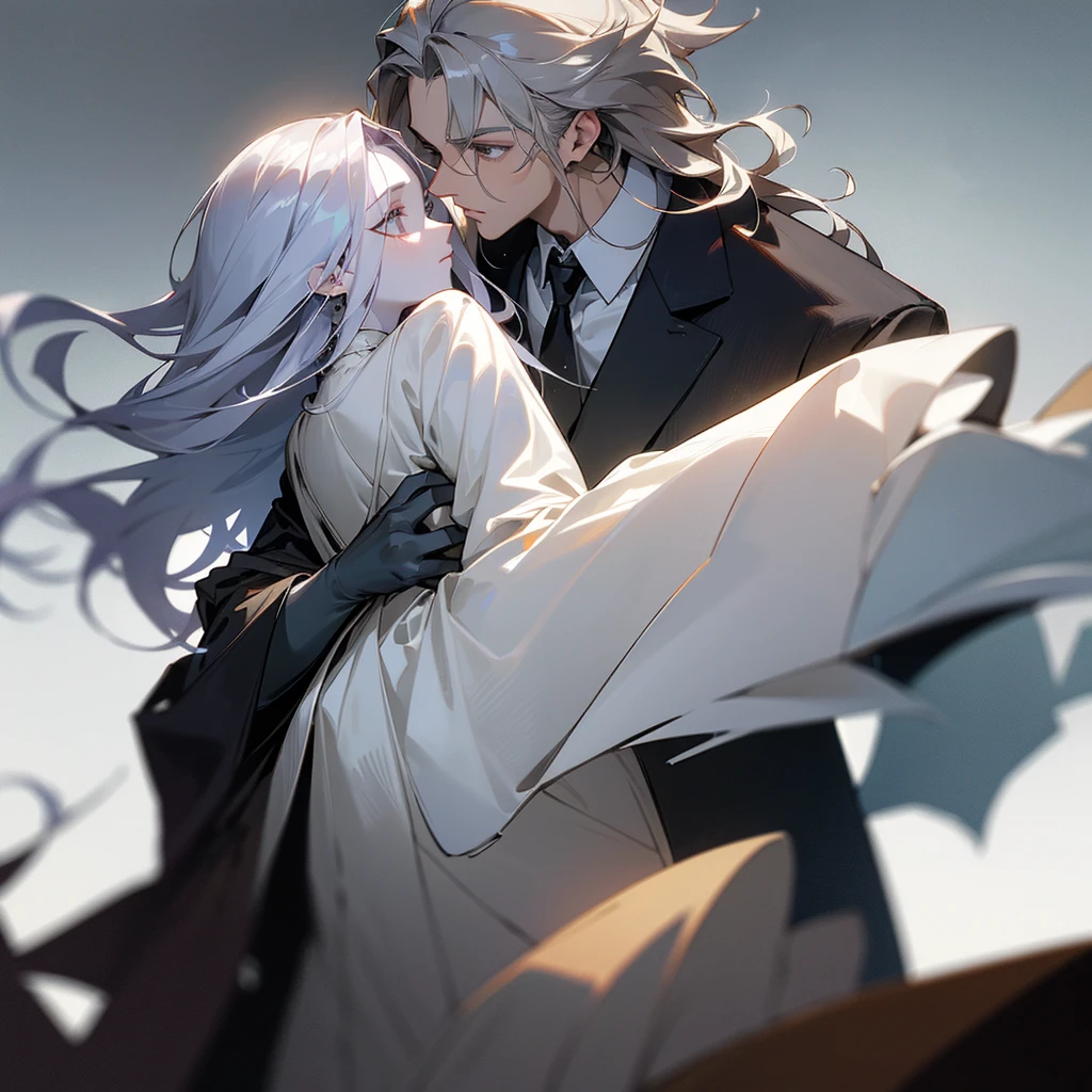 Masterpiece, Superb fashion, (fashion Costume), (illustration), (2 people), handsome Young Couple, (Russian mill style), fashion, silver hair, (long hair), (messy hair), (white skin), (Dark circles), handsome, dance steps, trend, Dark Grey,, close up, (grand background), (chiaroscuro)), facial detailsที่ดี, facial details, movie light, (depth of field), UHD, (upper body), The background is a village.
