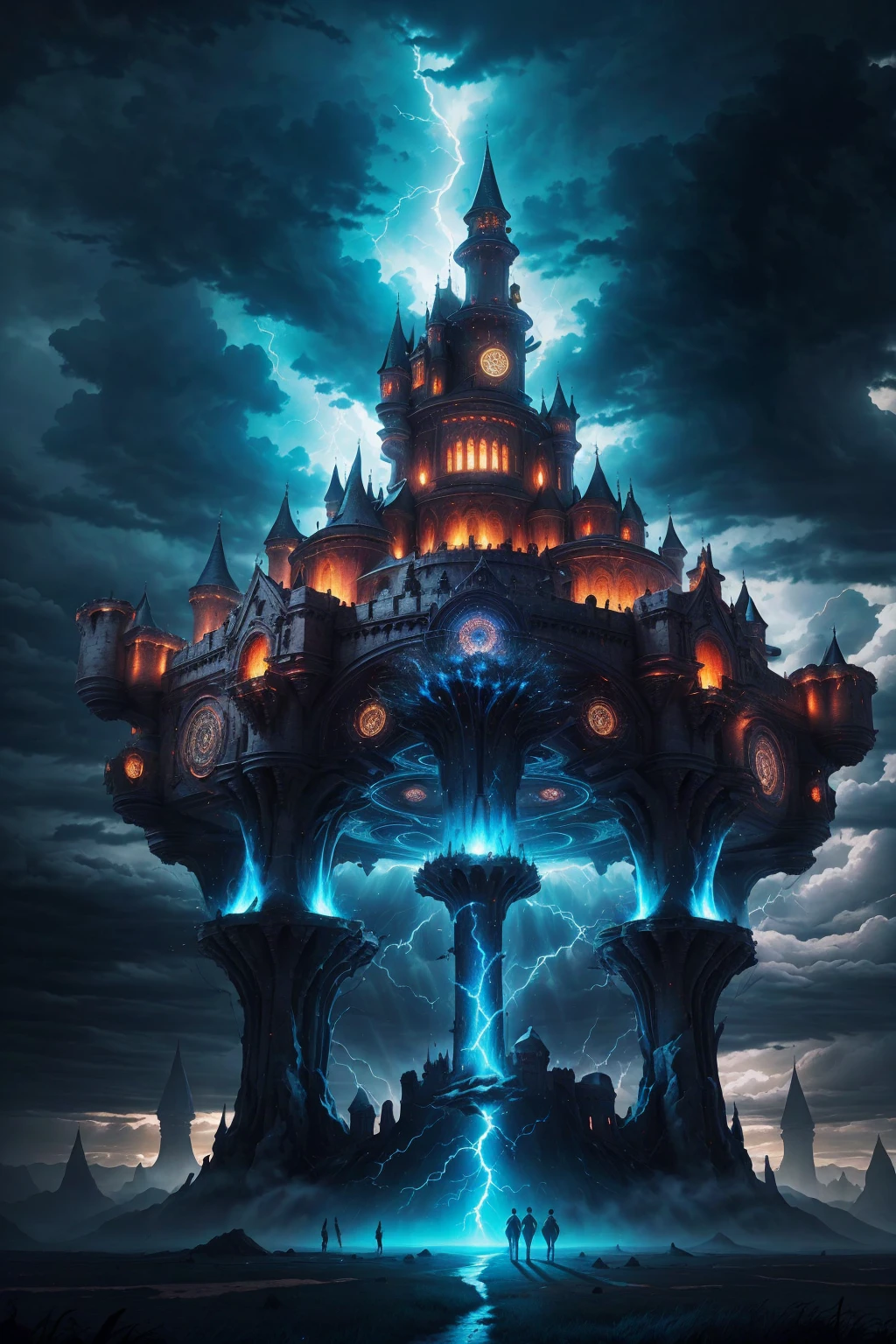 Huge medieval castle in the Magic Circle, Spectacular landscapes, ((Wind effects)),thunderstorm background,(Mythical atmosphere),The light penetrates the clouds, Spectacular Clouds, Blue Theme, Magnificent magic circle and castle, On another planet