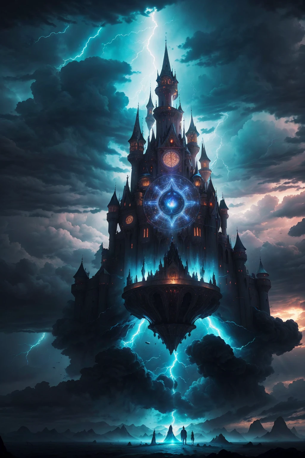 Huge medieval castle in the Magic Circle, Spectacular landscapes, ((Wind effects)),thunderstorm background,(Mythical atmosphere),The light penetrates the clouds, Spectacular Clouds, Blue Theme, Magnificent magic circle and castle, On another planet