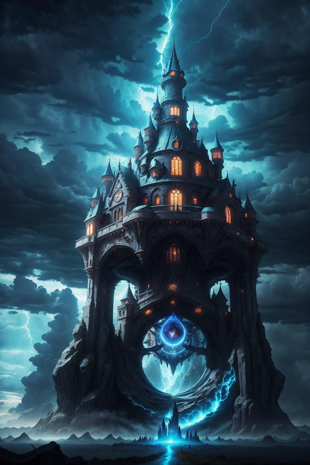 Huge medieval castle in the Magic Circle, Spectacular landscapes, ((Wind effects)),thunderstorm background,(Mythical atmosphere),The light penetrates the clouds, Spectacular Clouds, Blue Theme, Magnificent magic circle and castle, On another planet