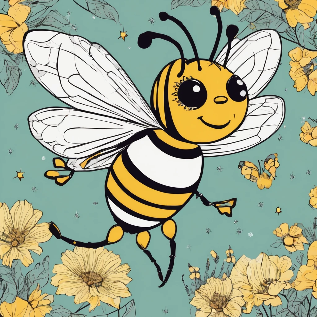 Illustration d'une abeille en style cartoon. L'abeille a une apparence joviale et courageuse. Elle est debout sur ses pattes arrière, arborant un grand sourire confiant. Elle porte de grands gants de boxe rouges qui sont bien visibles et contrastent avec ses petites pattes. Son corps est typique des abeilles, avec des rayures jaunes et noires distinctes, transparent, slightly bluish wings, et de grands yeux expressifs. She also has a championship belt around her waist, ornée d'une grande étoile dorée au centre. The background is simple but dynamic, with flashes of light and stars, mettant en valeur son statut de combattante victorieuse. Colors are bright and vibrant, giving the whole thing an energetic and positive atmosphere."