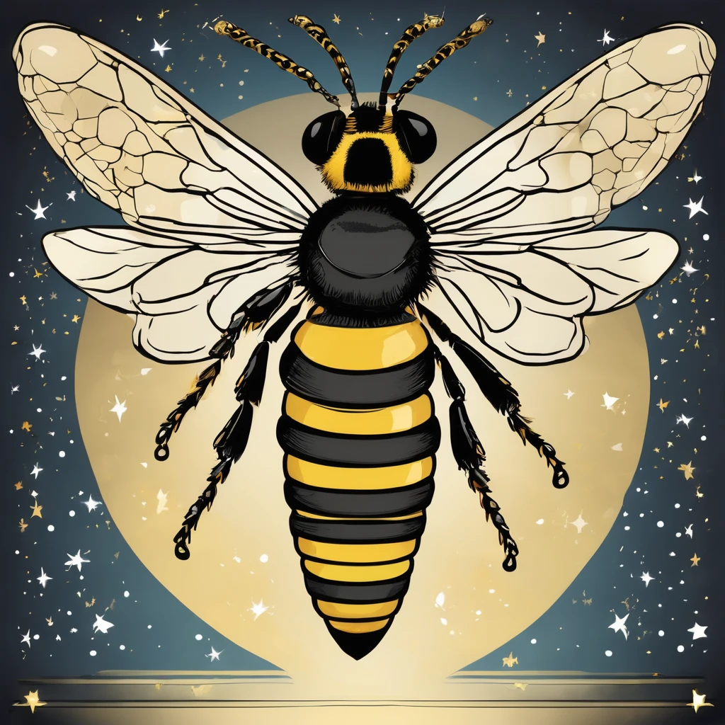 Illustration d'une abeille en style cartoon. L'abeille a une apparence joviale et courageuse. Elle est debout sur ses pattes arrière, arborant un grand sourire confiant. Elle porte de grands gants de boxe rouges qui sont bien visibles et contrastent avec ses petites pattes. Son corps est typique des abeilles, avec des rayures jaunes et noires distinctes, transparent, slightly bluish wings, et de grands yeux expressifs. She also has a championship belt around her waist, ornée d'une grande étoile dorée au centre. The background is simple but dynamic, with flashes of light and stars, mettant en valeur son statut de combattante victorieuse. Colors are bright and vibrant, giving the whole thing an energetic and positive atmosphere."
