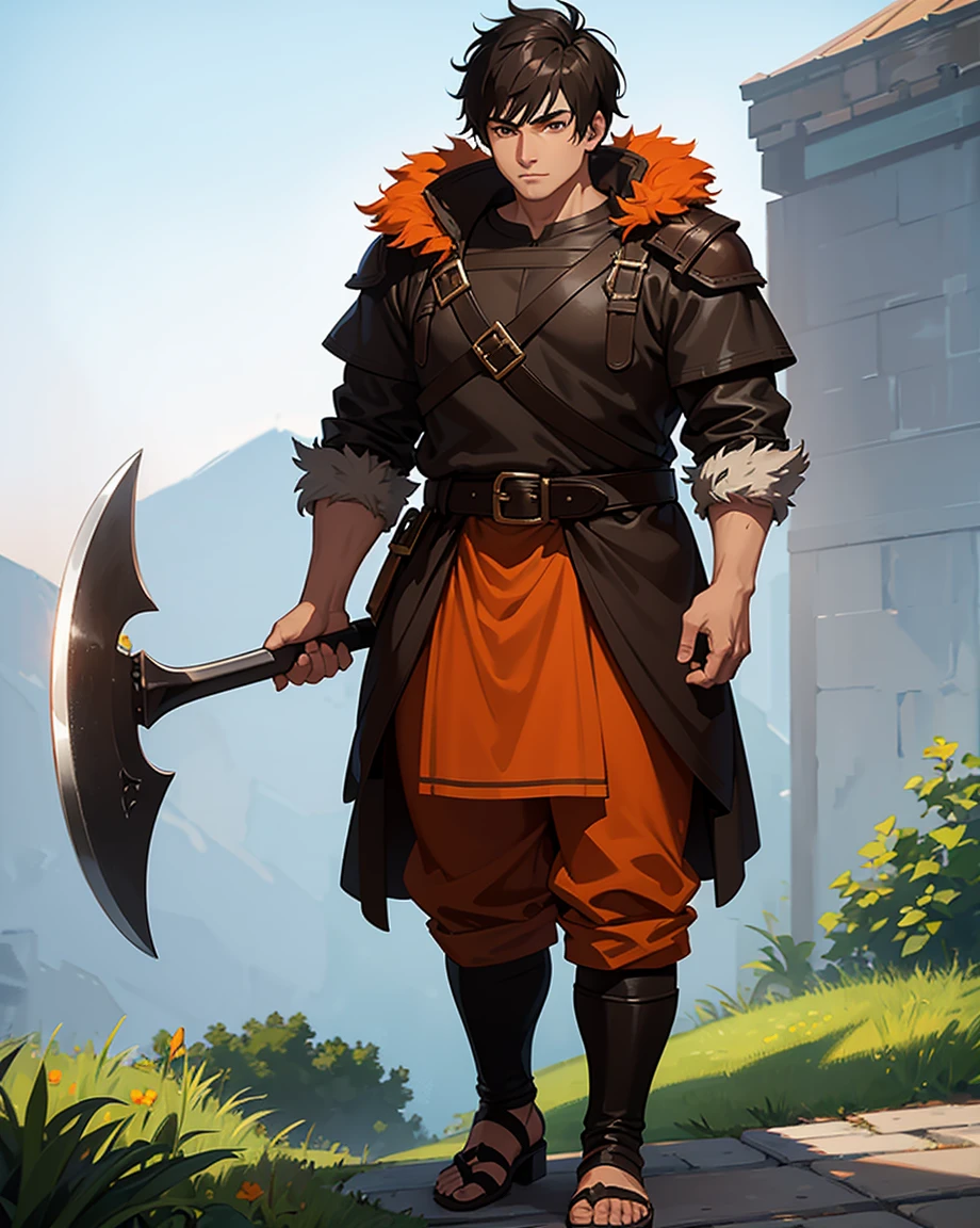Youth with short black hair and brown eyes, fair skin and clean-shaven, dressed in short orange medieval barbarian fur tunic and trousers, weilding giant axe, sandals; fullbody; short hair, masculine, athletic