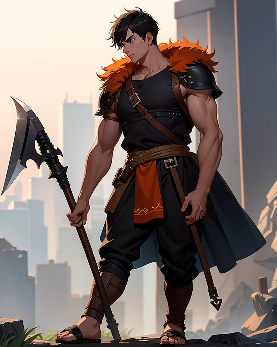 Youth with short black hair and brown eyes, fair skin and clean-shaven, dressed in short orange medieval barbarian fur tunic and trousers, weilding giant axe, sandals; fullbody; short hair, masculine, athletic