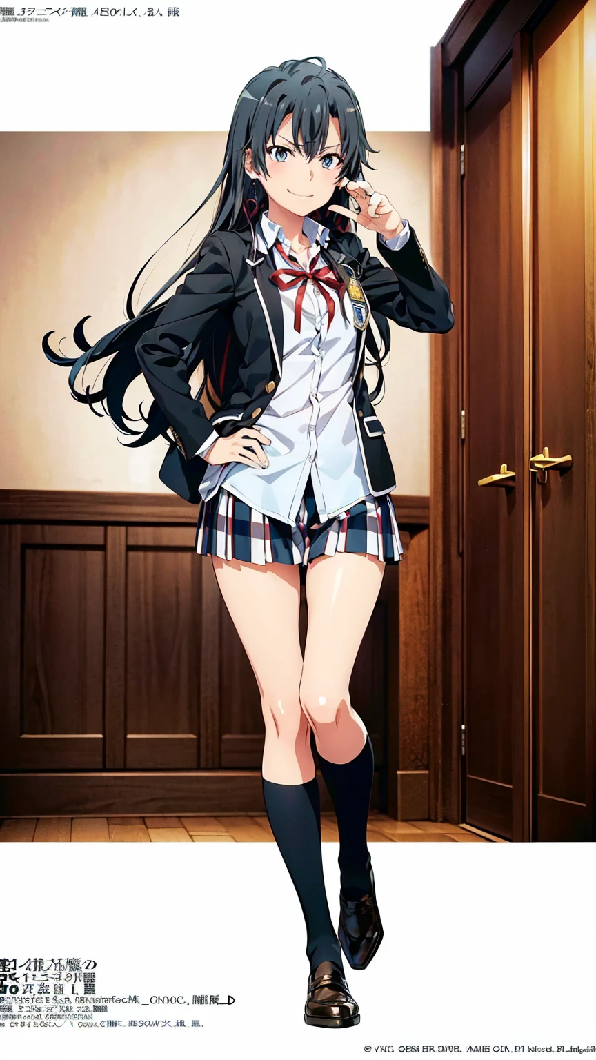 (official art:1.2), (masterpiece:1.4), (best quality:1.4), high resolution, 8k, highly detailed face, well drawn hands, (((well drawn eyes))), (perfect hands, perfect anatomy), beautiful background, yahari ore no seishun lovecome wa machigatteiru., anime official art style, 1 girl, yukinoshita yukino with black hair, bitch and villain personality, earrings, black hair, long hair, light blue eyes, gal makeup, small breasts, sobu highschool uniform, black blazer, white shirt, untucked shirt, open blazer, red ribbon, plaid skirt, black knee-high socks, full body, evil smirk, bitch pose, gym