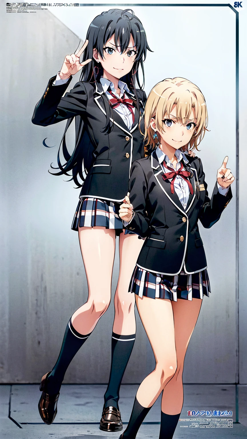 (official art:1.2), (masterpiece:1.4), (best quality:1.4), high resolution, 8k, highly detailed face, well drawn hands, (((well drawn eyes))), (perfect hands, perfect anatomy), beautiful background, yahari ore no seishun lovecome wa machigatteiru., anime official art style, 1 girl, yukinoshita yukino with black hair, bitch and villain personality, earrings, black hair, long hair, light blue eyes, gal makeup, small breasts, sobu highschool uniform, black blazer, white shirt, untucked shirt, open blazer, red ribbon, plaid skirt, black knee-high socks, full body, evil smirk, bitch pose, gym