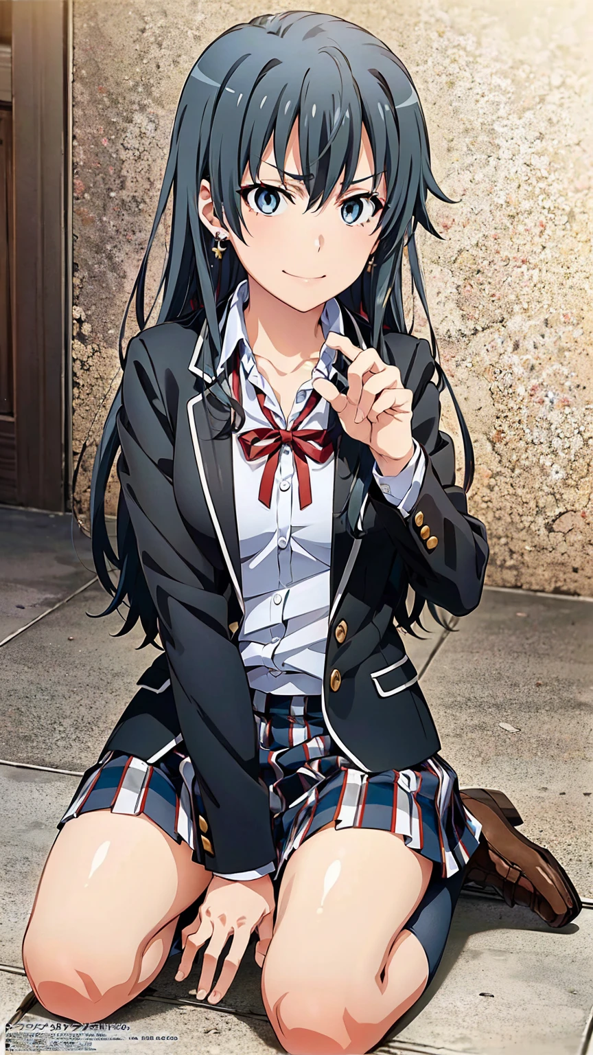 (official art:1.2), (masterpiece:1.4), (best quality:1.4), high resolution, 8k, highly detailed face, well drawn hands, (((well drawn eyes))), (perfect hands, perfect anatomy), beautiful background, yahari ore no seishun lovecome wa machigatteiru., anime official art style, 1 girl, yukinoshita yukino with black hair, bitch and villain personality, earrings, black hair, long hair, light blue eyes, gal makeup, small breasts, sobu highschool uniform, black blazer, white shirt, untucked shirt, open blazer, red ribbon, plaid skirt, black knee-high socks, full body, evil smirk, bitch pose, gym