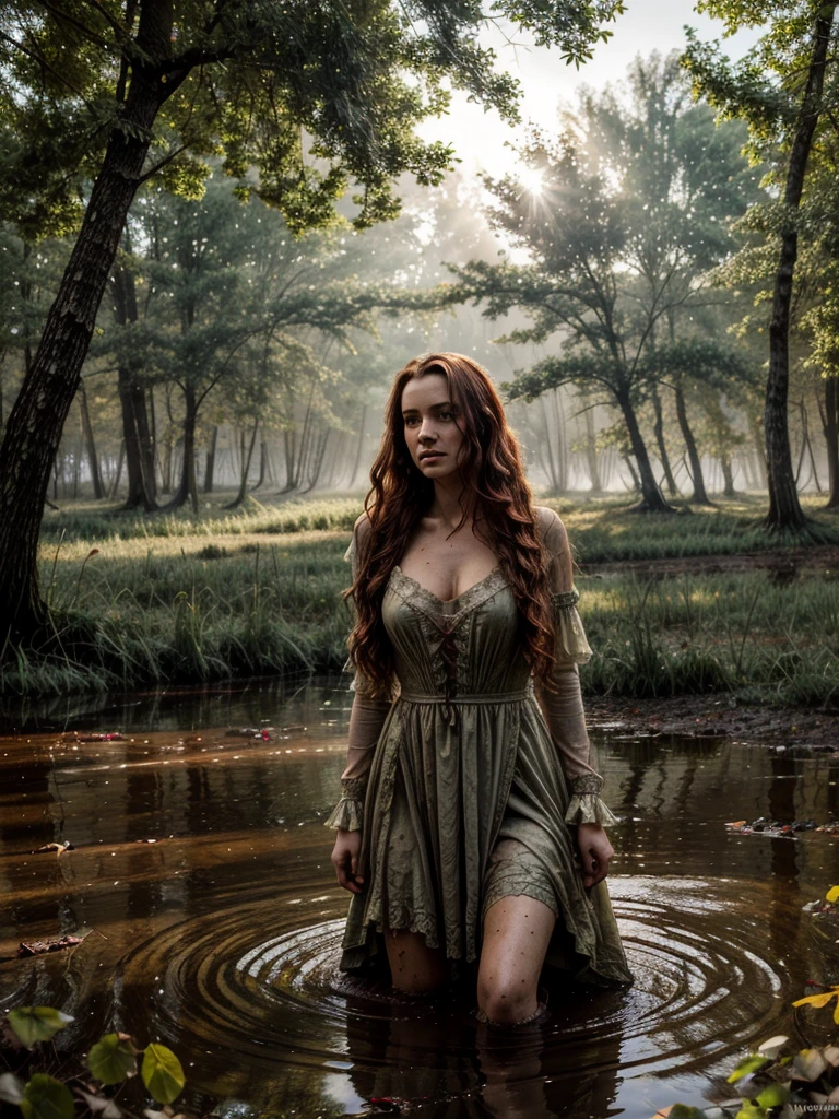 Jan Matejko's style. A portrait depicting a mature woman as Ophelia in sunlight with dirty, long red wavy hair. A pose full of resignation. Front view. Wearing a worn and torn long lace dress from the Middle Ages. She stands knee-deep in water. The long dress is wet and stained with mud. All around there is a dense and gloomy swampy forest shrouded in morning fog. Sunlight creates an interesting chiaroscuro, vivid colors. Lots of broken trees and branches. Forest lake in the background.