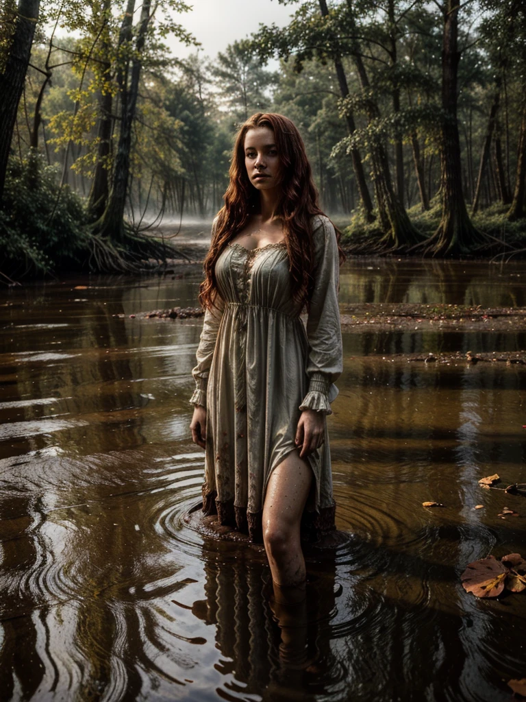 Jan Matejko's style. A portrait depicting a mature woman as Ophelia in sunlight with dirty, long red wavy hair. A pose full of resignation. Front view. Wearing a worn and torn long lace dress from the Middle Ages. She stands knee-deep in water. The long dress is wet and stained with mud. All around there is a dense and gloomy swampy forest shrouded in morning fog. Sunlight creates an interesting chiaroscuro, vivid colors. Lots of broken trees and branches. Forest lake in the background.