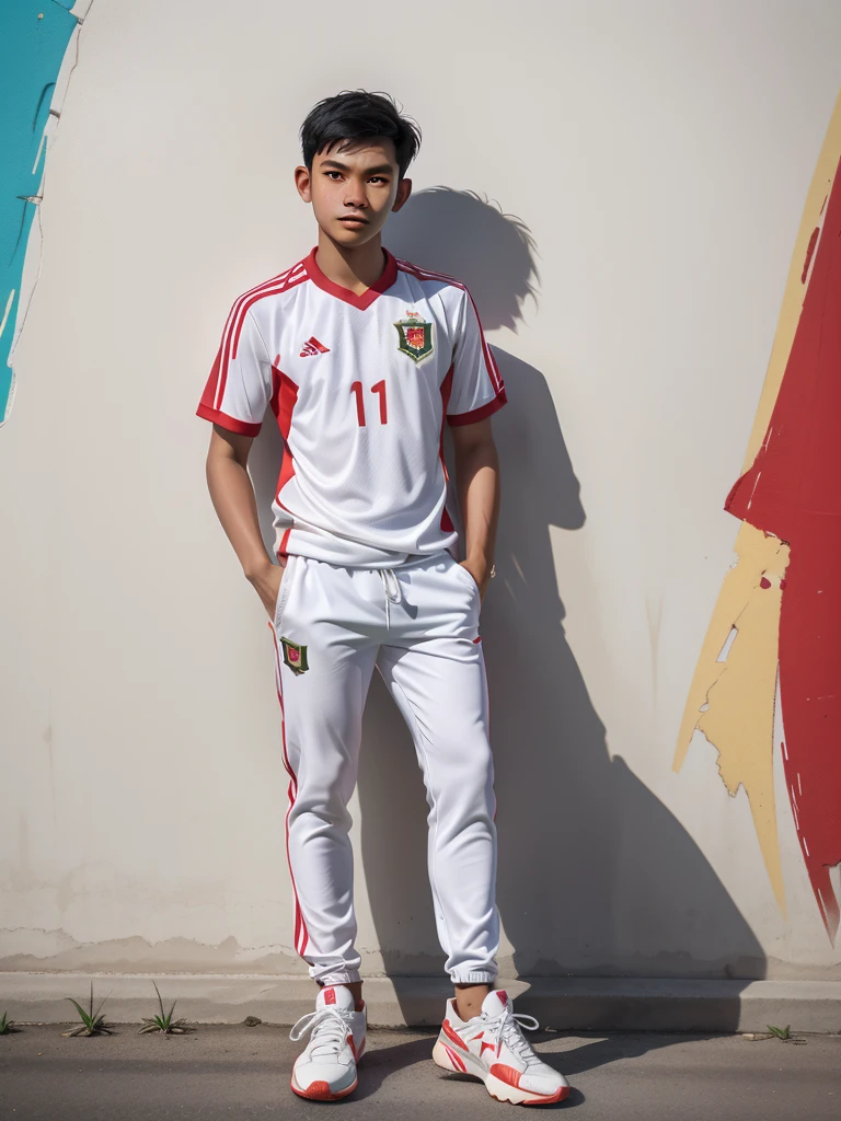 A young Indonesian man with short hair, wearing a red Indonesian national football team jersey, cream pants, and white sneakers. Casually and confidently, he leans against an aesthetic wall. The touch of beautiful colors and textures of the wall creates a captivating visual harmony, capturing a moment full of energy and spirit.