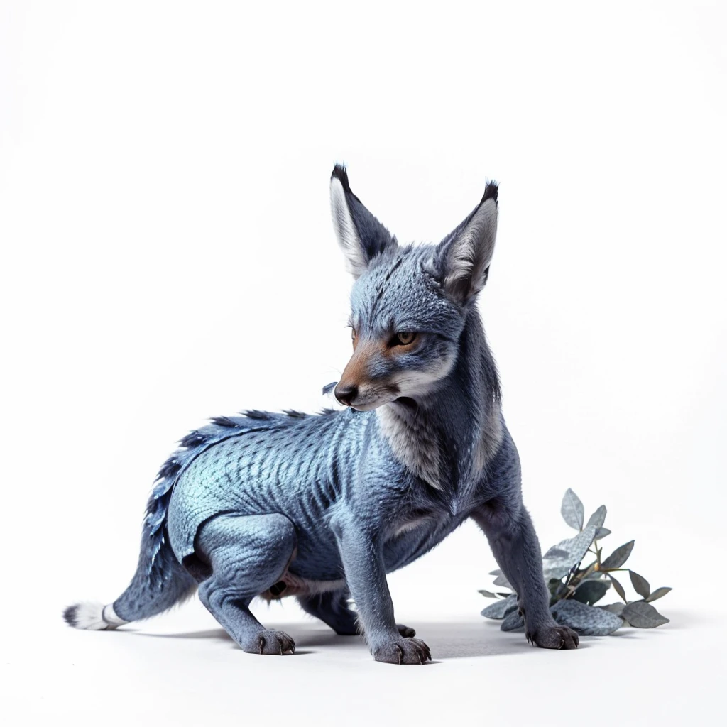 Small Animaly, silver and blues silver colour skins, has scales, his body is shaped like a Fox but his face is like a Moose, Grassroots background, (white background simpleks)
