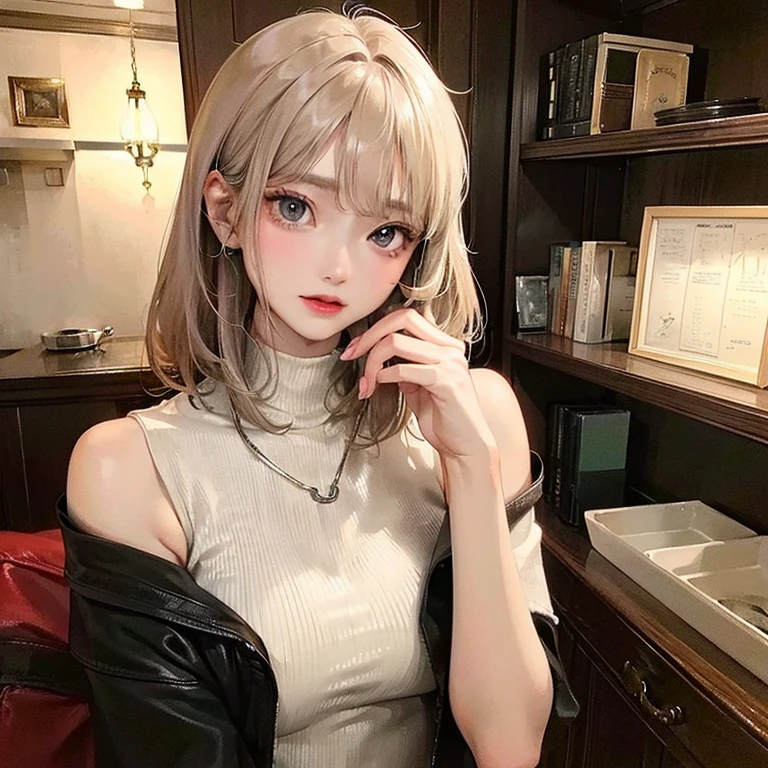(highest resolution、clear_image)highest quality、woman、very detailed、semi-realistic、light cream hair、short hair、Long neckline、gray eyes、21 years old、shoulder length hair、mature、young、V-neck sweater、exquisite features、Cowboy Shot、Brown Eyes、Waist up shot