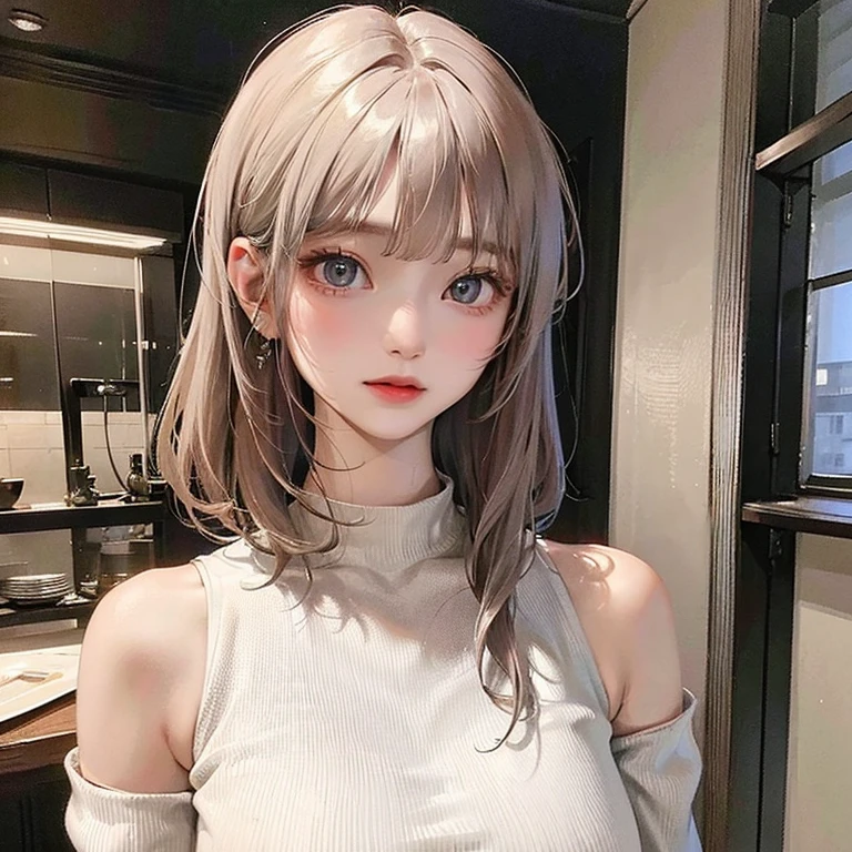 (highest resolution、clear_image)highest quality、woman、masterpiece、very detailed、semi-realistic、light cream hair、short hair、Long neckline、gray eyes、21 years old、shoulder length hair、mature、young、V-neck sweater、exquisite features
