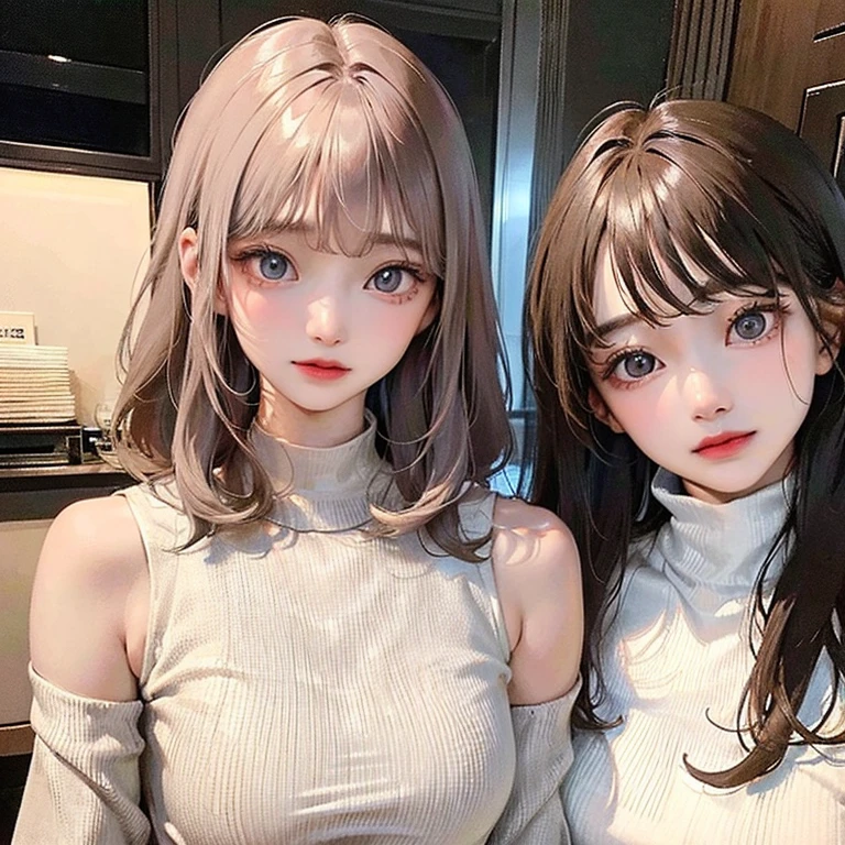 (highest resolution、clear_image)highest quality、woman、masterpiece、very detailed、semi-realistic、light cream hair、short hair、Long neckline、gray eyes、21 years old、shoulder length hair、mature、young、V-neck sweater、exquisite features