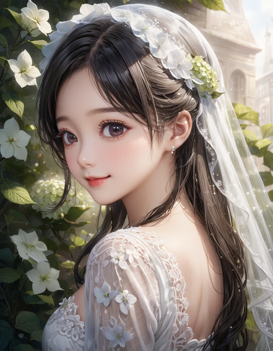 from side, close up face, look away, smile, frilly long sleeves, white lace veil, kawaii, The bride is dressed in a white wedding dress, and her cheeks are flushed with happiness. Her profile exudes a quiet beauty, and a vibrant hydrangea flower is added to her ear. The petals of the hydrangea enhance the elegance of the bride, and its color symbolizes her happiness. This scene celebrates pure love, happiness, and a new beginning.