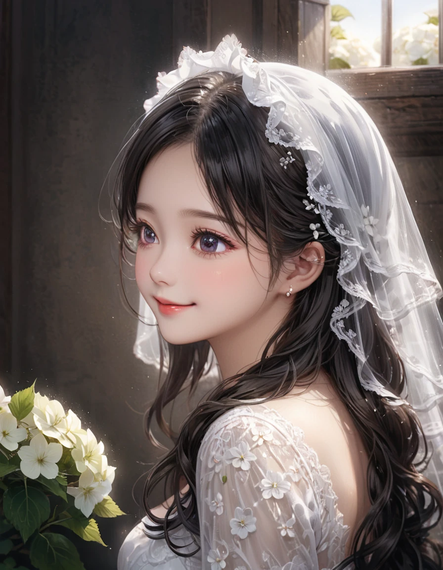 from side, close up face, look away, smile, frilly long sleeves, white lace veil, kawaii, The bride is dressed in a white wedding dress, and her cheeks are flushed with happiness. Her profile exudes a quiet beauty, and a vibrant hydrangea flower is added to her ear. The petals of the hydrangea enhance the elegance of the bride, and its color symbolizes her happiness. This scene celebrates pure love, happiness, and a new beginning.