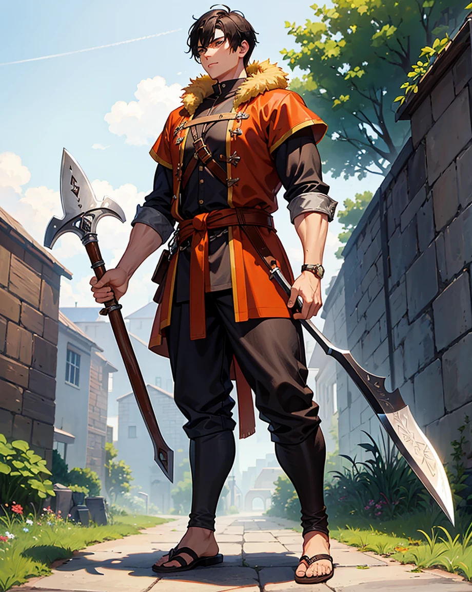 Youth with short black hair and brown eyes, fair skin and clean-shaven, dressed in short orange medieval barbarian fur tunic and trousers, weilding giant axe, sandals; fullbody; short hair, masculine, athletic