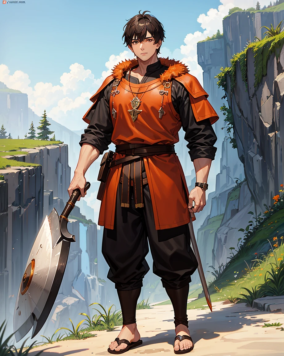 Youth with short black hair and brown eyes, fair skin and clean-shaven, dressed in short orange medieval barbarian fur tunic and trousers, weilding giant axe, sandals; fullbody; short hair, masculine, athletic