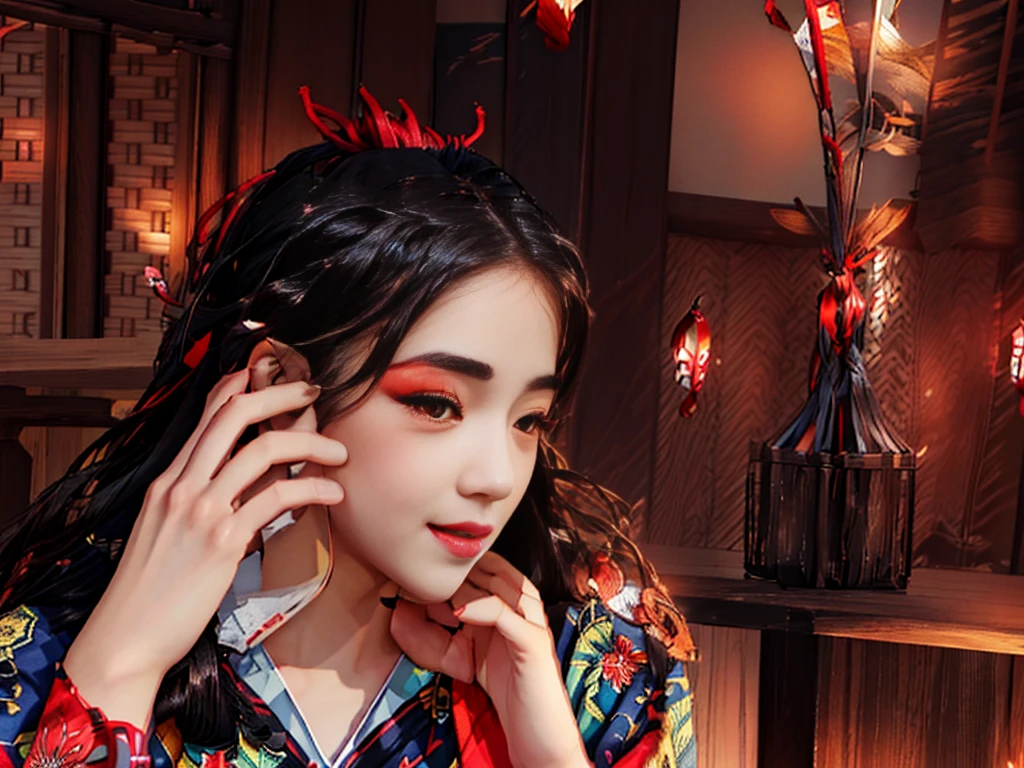  yuanshen,A woman is sitting at a table and talking on the phone, Girl calling,,lily,long hair,flower,indoor,Japanese clothes,flower 场地,Red Eyes,Solitary,kimono,Smile,Hair accessories,Black Hair,looking at the audience,Luminescence,sash,hair flower,Luminescence eyes,very long hair,Heart,brown hair,Bare shoulders,Perfect hands,