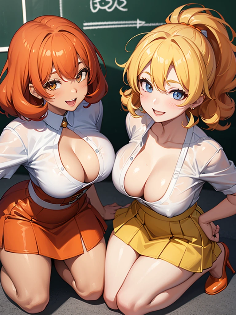 two sexy bubbly and cheerful women in kindergarten teachers outfits, kneeling, short curly orange and white hair, flirtatious smiles, looking at camera, view from above
