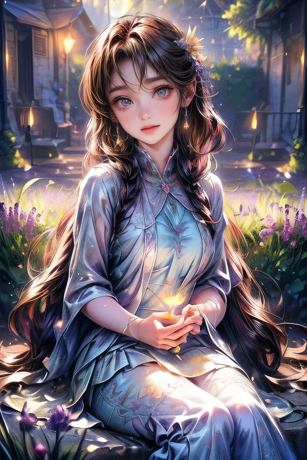 masterpiece:1.2, highest quality, 16k, highres, ultra-realistic, photorealistic:1.37,  beautiful and cute girl sitting in the lavender garden, full of lavenders, impressed, pastel colored mini skirt, magic particles, light particles, rainbow gradation, growing eyes, shining pupils, blushed cheek, shiny rosy lips, beautiful delicate(hair, face, eyes, pupils, long eyelash, lavenders:1.3, garden), middle breasts,