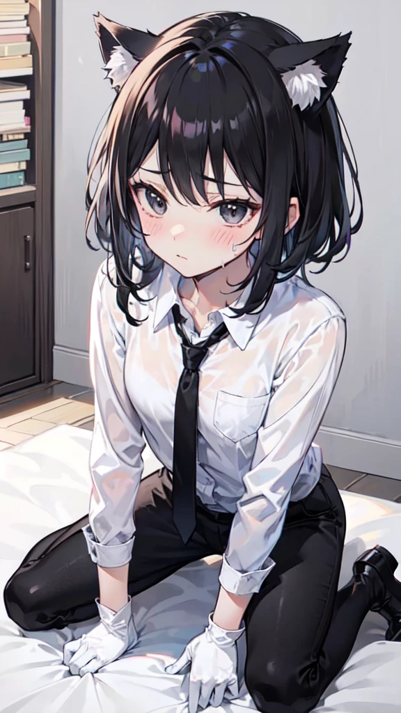 masuter piece、top-quality、hight resolution、masterpiece、Adult Woman、1 persons、Black sweater、Pleated mini-skirt、Black miniskirt、shorth hair、short-hair、evil smile、Black hair、Bad smile、Evil look、student clothes、校服、Blue eyes、Classroom、sitting on、I'm looking down