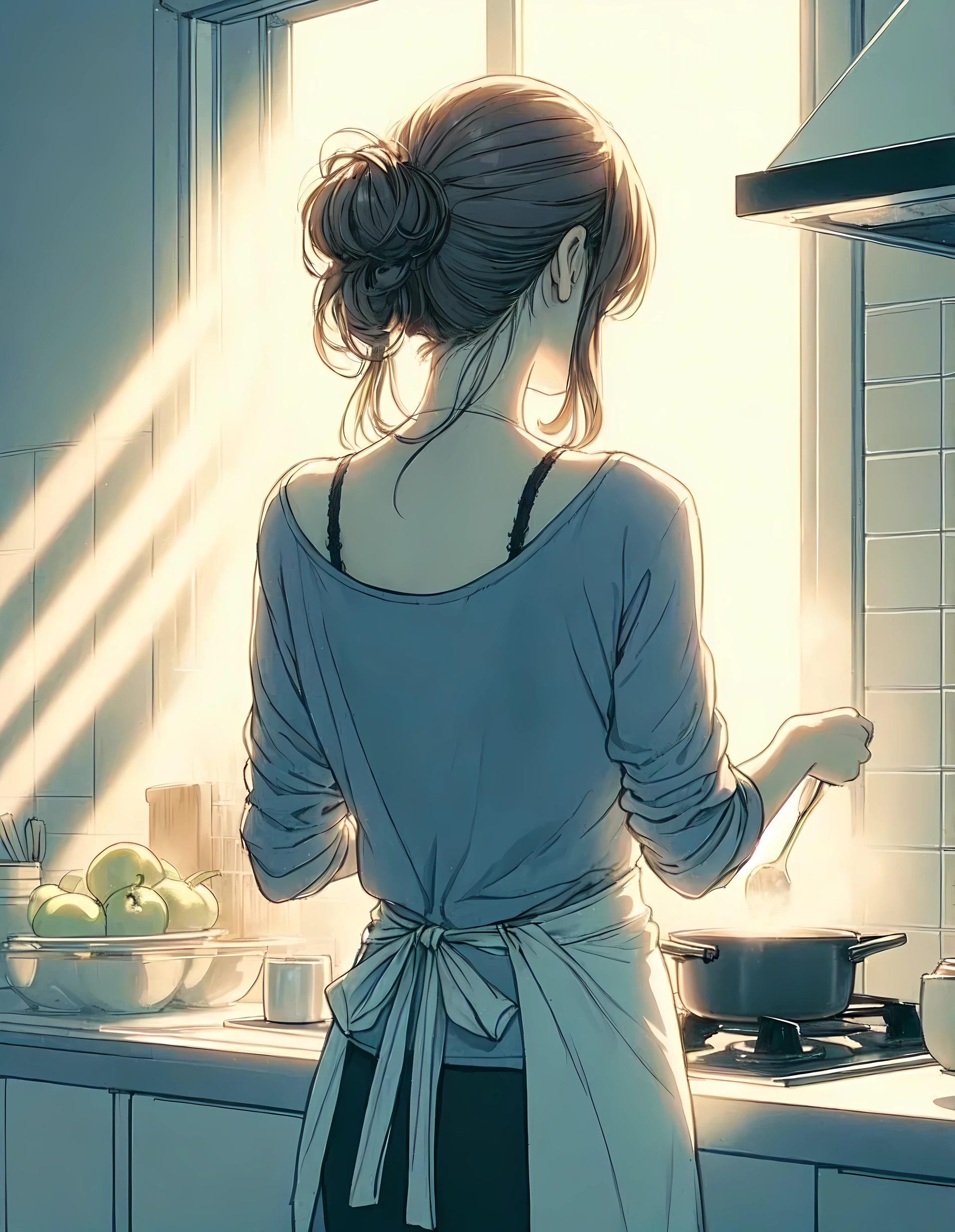 1lady solo, standing, back of head, (from behind), cooking, (calm attire) stylish outfit, (apron), mature female, /(light black hair/), hair up, (masterpiece best quality:1.2) delicate illustration ultra-detailed BREAK (modern house kitchen) indoors, morning, sunlight, detailed background