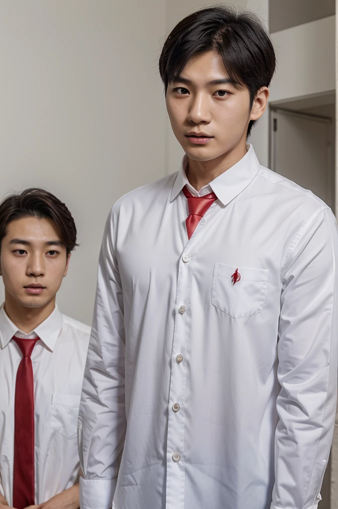 Korean man, 20 years old, wearing a white formal shirt, wearing a red tie,Wearing a white muslim man kufiah Wearing a white Muslim kufiah