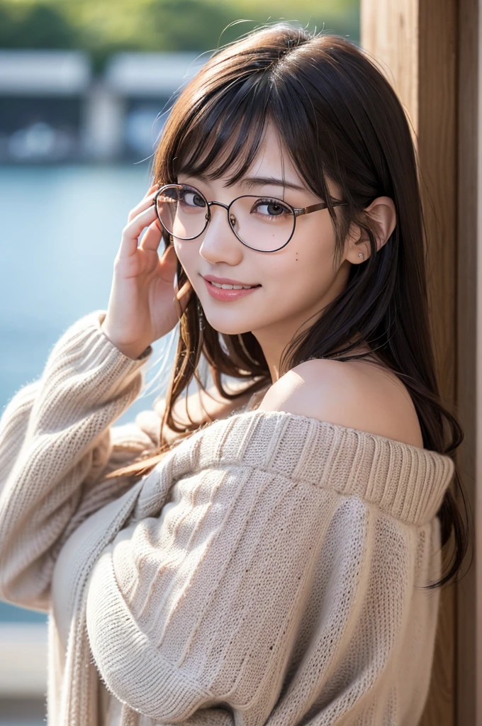 ((japanaese girl)), 8K, Raw photo, Best Quality, ultra-detailliert, Ultra High Resolution, Realistic, photographrealistic, high-definition RAW color photography, professional photograpy, Extremely detailed, 8K Wallpaper, amazing, finely detail, Huge file size, extra detailed face, extremely detailed eye, highlydetailed skin, extremely detailed fingers, highly detailed nose, highly detail mouth, Perfect Anatomy, Highly detailed background, Realistic body, Good figure, blown hair, (wet hair), Cute face, Photography, (Happy smile), Perfect Skin, Perfect Anatomy, Large breasts, (Round glasses), (Off-the-shoulder knit), (Mole), ((atami)), high-angle shot, swept bangs, Full body shot,