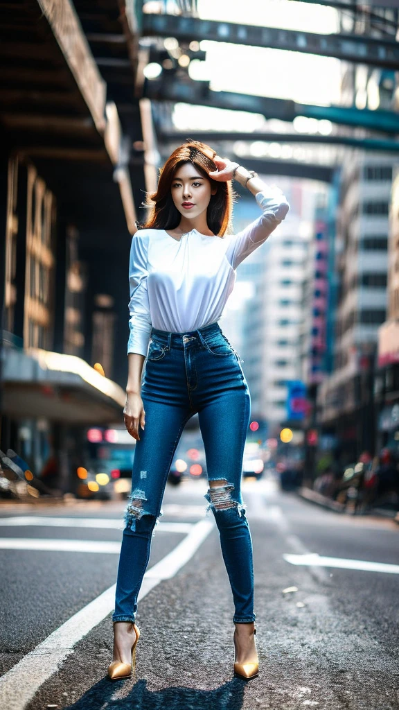 A lovely Korean woman, Beautiful Korean woman, beautiful korean woman, Tall stature, Flowing blond hair, Natural Makeup, Perfect body shape, natural breast, cleveage, Wearing a white tight shirt、Short-sleeved stretch tights and long ripped jeans, 细High heel, High heel, Long legs, Stand and spread your legs, Seductive pose, Push the chest, Show armpits, whole body, Front view, night, In the destroyed city, Car destroyed, building destroyed, Ruined streets, Remains Cliff, Glass Ceiling, vines on the walls, Grass on the street, Dynamic Light, masterpiece, Super detailed, Delicate face, Professional studio lighting, Neon lights, Fogging, smokie, Scenes, Dramatic photos, view, vignette, Movie, frank