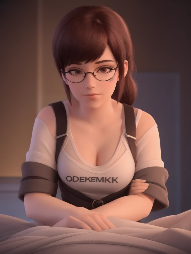 DVA from Overwatch without mech, a beautiful woman with short brown hair in a (ponytail), (very big golden round glasses), high quality refelctions, (reflections on glasses,) volumetric lighting, wearing a plain white t-shirt, in her bedroom on her bed, 1 girl solo, cinematic lighting, high resolution, physically-based rendering, extremely detailed, 8k, volumetric lighting, hyperrealistic, detailed facial features, masterpiece, intricate details, upper body, nsfw, gaming setup in background, cinematic, worms eye view