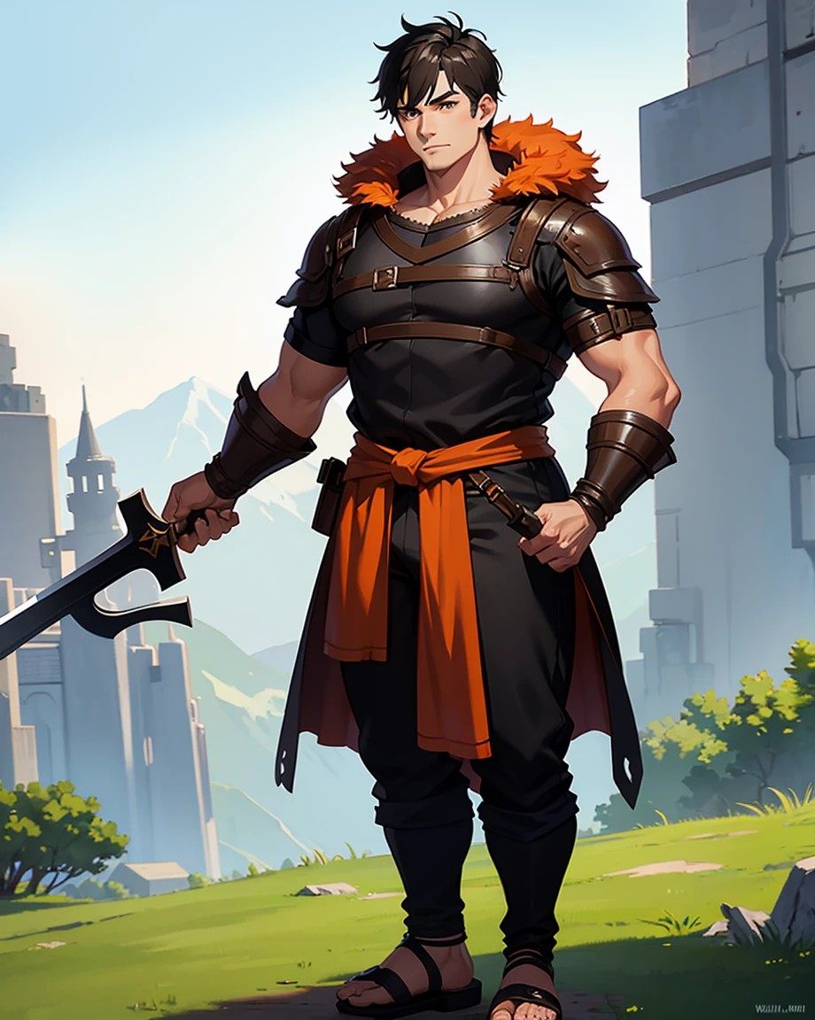 Youth with short black hair and brown eyes, fair skin and clean-shaven, dressed in short orange medieval barbarian fur tunic and trousers, weilding giant axe, sandals; fullbody; short hair, masculine, athletic