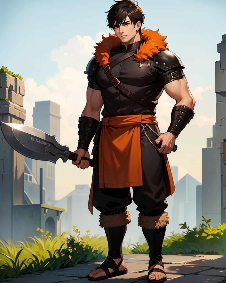 Youth with short black hair and brown eyes, fair skin and clean-shaven, dressed in short orange medieval barbarian fur tunic and trousers, weilding giant axe, sandals; fullbody; short hair, masculine, athletic