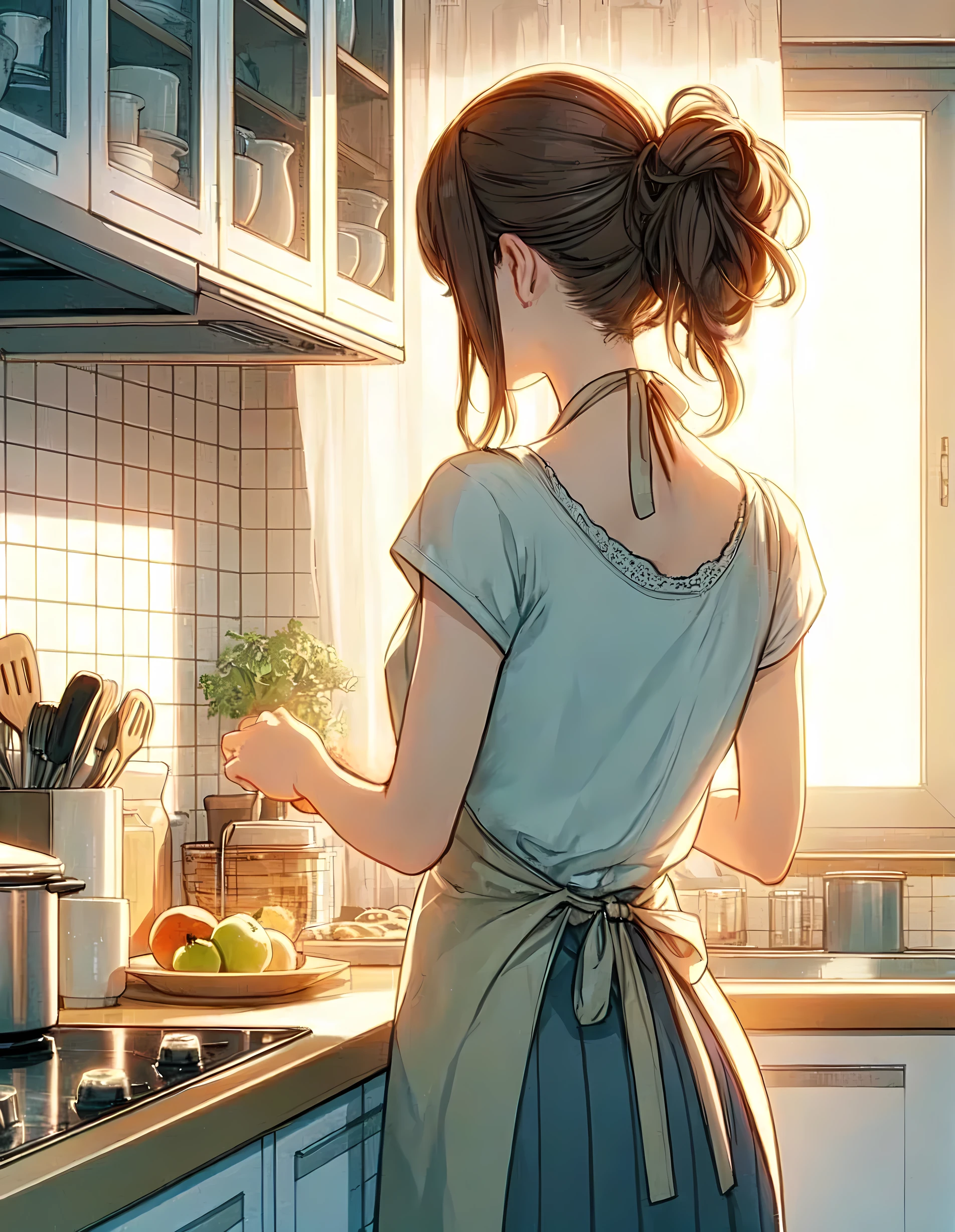 1lady solo, standing, back of head, (from behind), cooking, (calm attire) stylish outfit, (apron), mature female, /(brown hair/), hair up, (masterpiece best quality:1.2) delicate illustration ultra-detailed BREAK (modern house kitchen) indoors, morning, sunlight, detailed background
