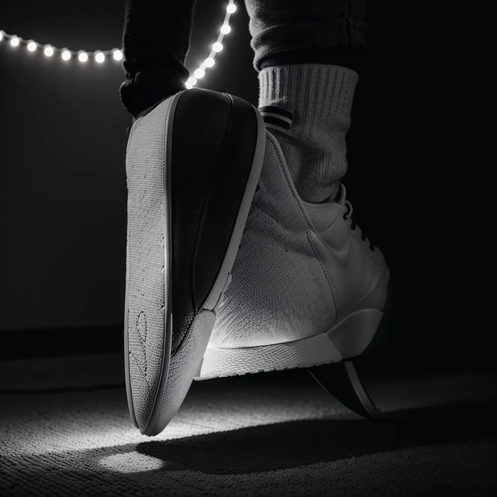 Make a banner of a white men's shoe (just the shoe) with a background of black and white lights.
