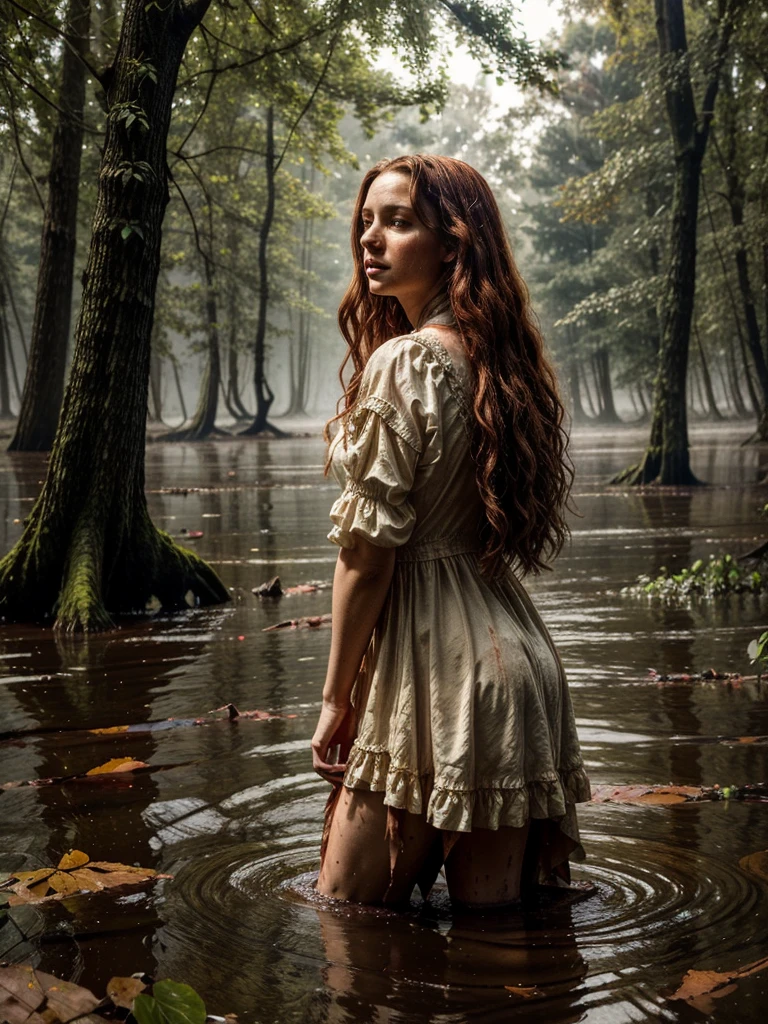 Jan Matejko's style. A portrait depicting a mature woman as Ophelia in sunlight with dirty, long red wavy hair. A pose full of resignation. Side view. Wearing a worn and torn long lace dress from the Middle Ages. She stands knee-deep in water. The long dress is wet and stained with mud. All around there is a dense and gloomy swampy forest shrouded in morning fog. Sunlight creates an interesting chiaroscuro, vivid colors. Lots of broken trees and branches. Forest lake in the background.