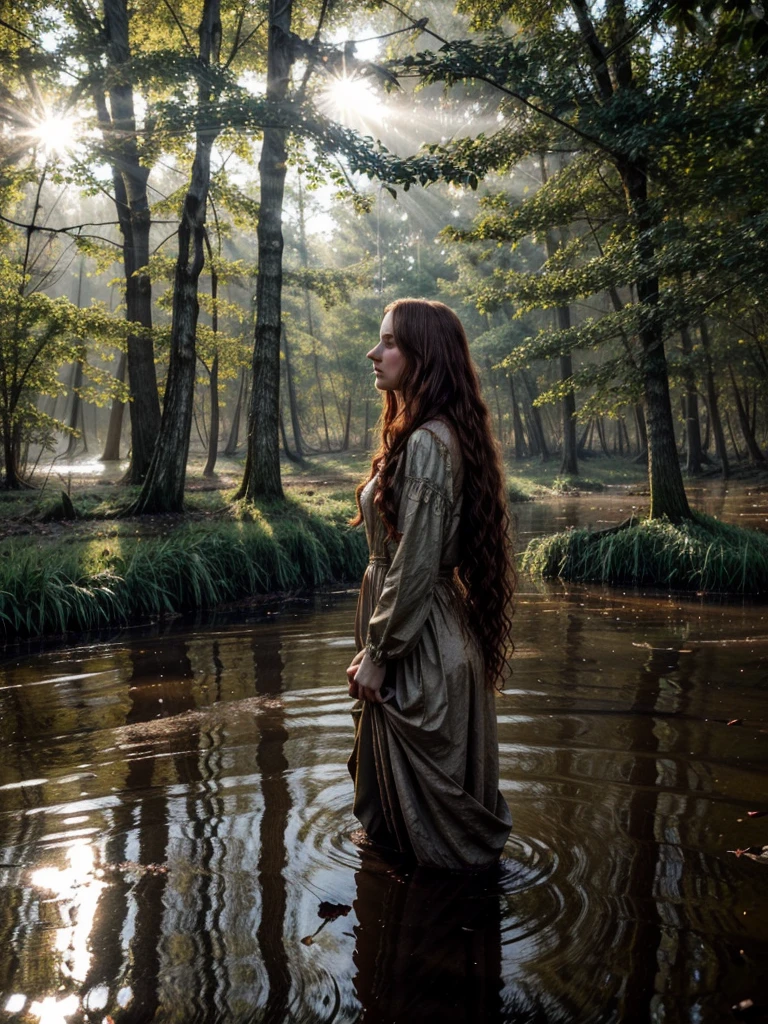 Jan Matejko's style. A portrait depicting a mature woman as Ophelia in sunlight with dirty, long red wavy hair. A pose full of resignation. Side view. Wearing a worn and torn long lace dress from the Middle Ages. She stands knee-deep in water. The long dress is wet and stained with mud. All around there is a dense and gloomy swampy forest shrouded in morning fog. Sunlight creates an interesting chiaroscuro, vivid colors. Lots of broken trees and branches. Forest lake in the background.